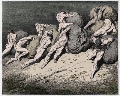 Inferno, Canto 7: De zielen van de gierigen en de verkwisters gedwongen om zware stenen te rollen, illustratie uit De Goddelijke Komedie van Dante Alighieri, 1885 (digitaal ingekleurde gravure) door Gustave after Dore